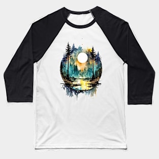 Mountain lake surrounded with trees - 1 Baseball T-Shirt